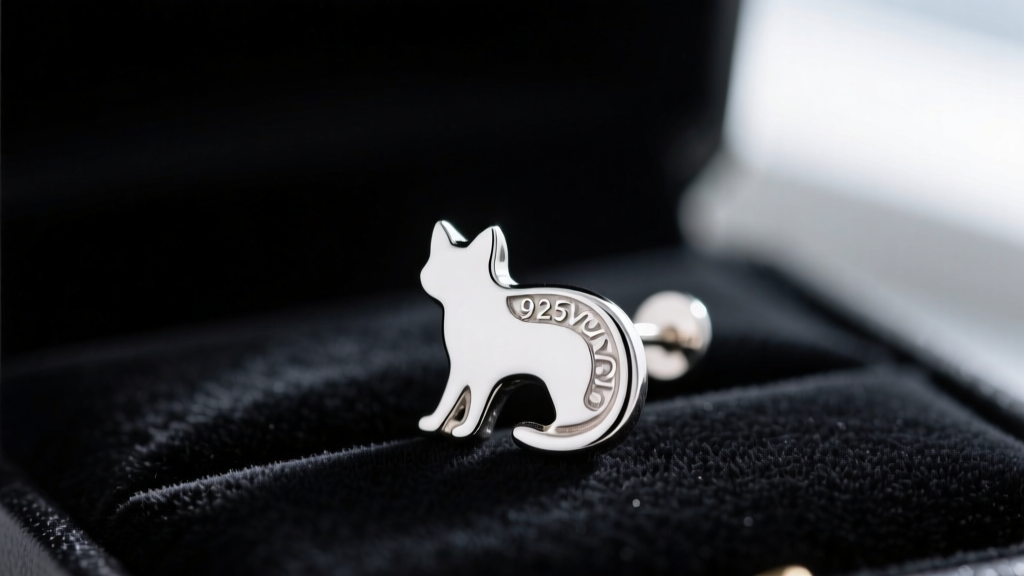 Macro shot of a 925 sterling silver cat stud earring on dark velvet, soft lighting highlighting the polished metal finish.