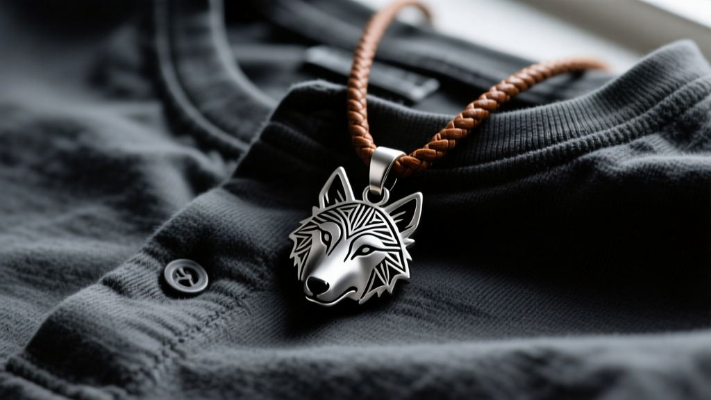 Matte titanium wolf head pendant on a leather cord against a charcoal henley shirt, shot in moody, natural window light.