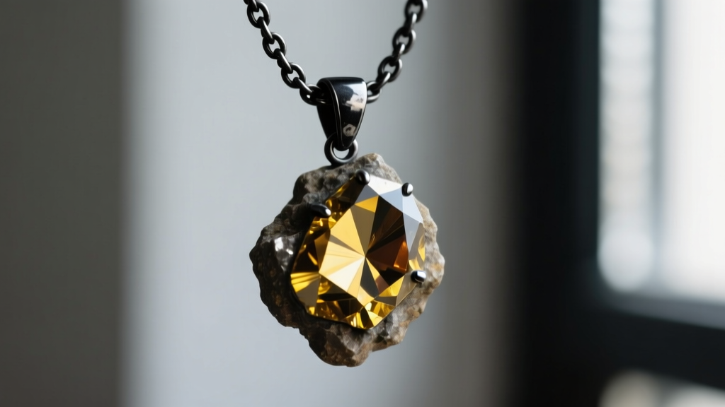 A raw, unpolished pyrite grit stone pendant on a blackened silver chain, displaying natural metallic inclusions and rough edges.