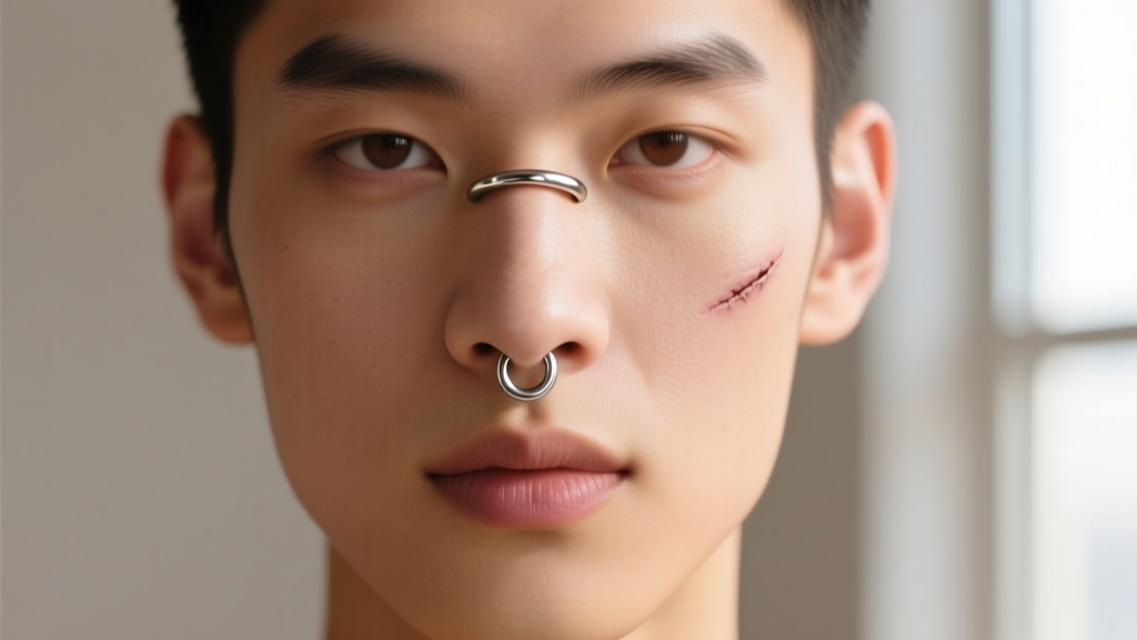 Front portrait showing a healed septum piercing with a seamless titanium hoop, highlighting clear skin and highly polished metal finish.