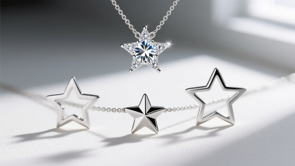 Flat lay of three layered silver star necklaces, featuring a 5mm solid star, a 15mm outline star, and a diamond shooting star.