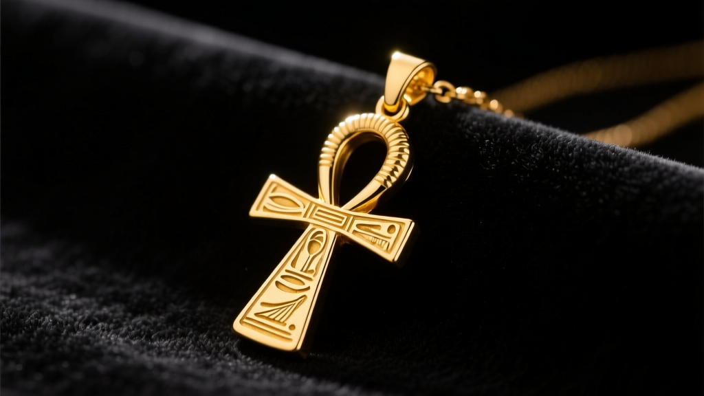 18k yellow gold ancient Egyptian jewelry ankh pendant on dark velvet, highlighting intricate engravings and soft lighting.