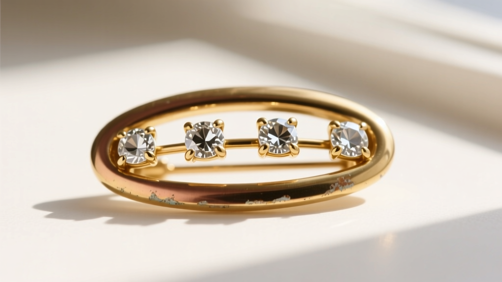 Macro shot of a J Crew vintage gold-plated brass brooch showing mild plating wear and prong settings holding clear glass stones.
