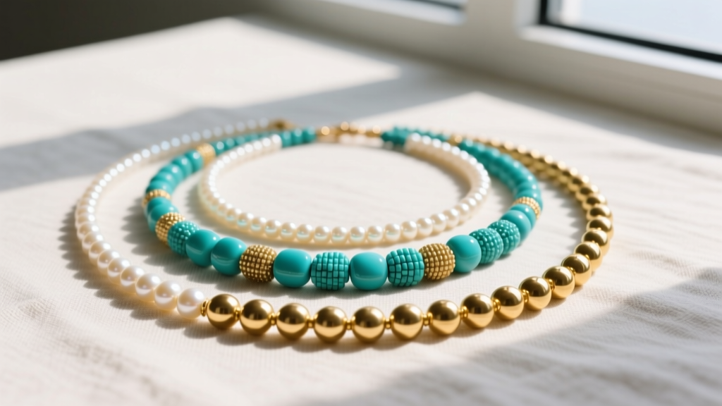 Flat lay of three layered beaded necklaces with seed pearls, turquoise, and gold spacer beads on natural linen.