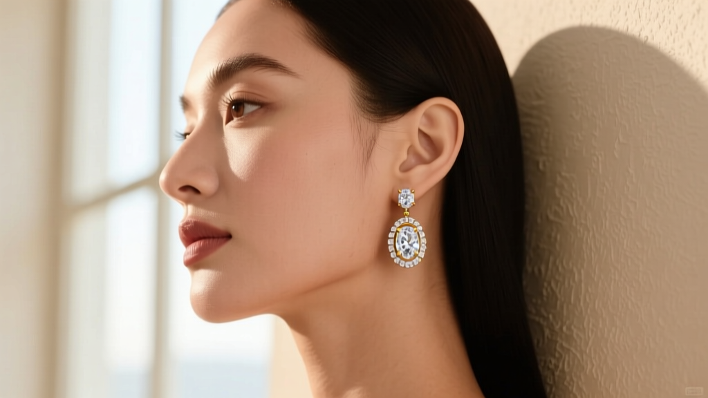 Side profile of a woman wearing 0.75ct Intan diamond drop earrings showing how the millimeter spread flatters an oval face shape