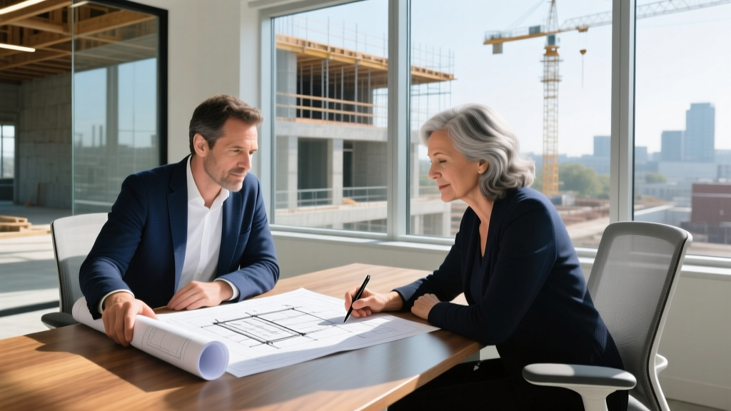 Architect and non-profit director reviewing structural blueprints and foundation grant proposals on a sunlit construction site office desk