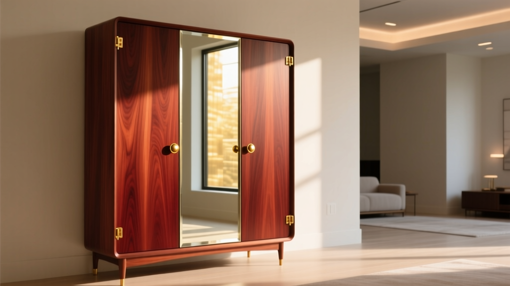 Solid cherry wood jewelry armoire in a sunlit room, displaying rich reddish-brown grain, mirrored door, and brass hardware.