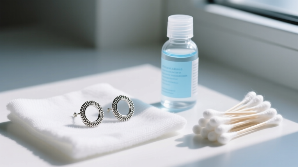A pair of flat-back threaded earrings resting on a microfiber cloth next to a bottle of sterile saline solution and cotton swabs.