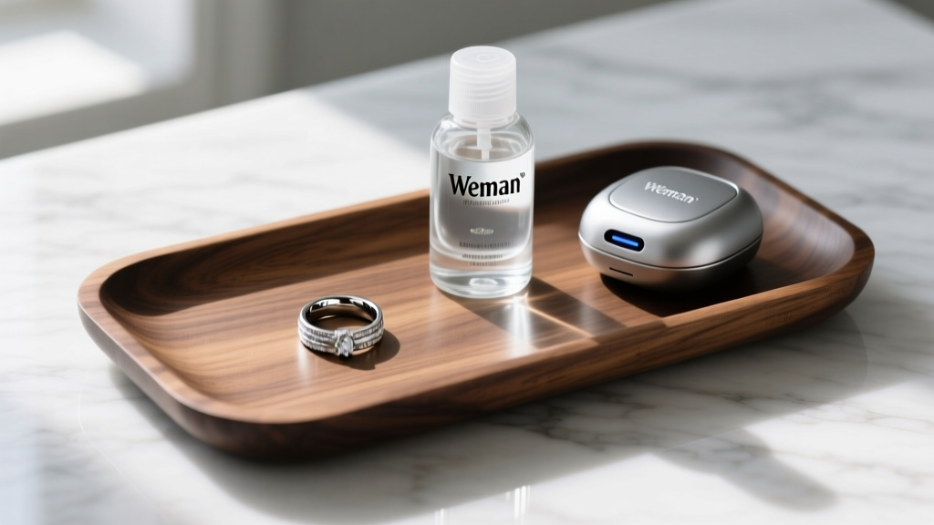 Walnut tray with a platinum band, compact ultrasonic cleaner, and a bottle of Weiman liquid jewelry cleaner on white marble.