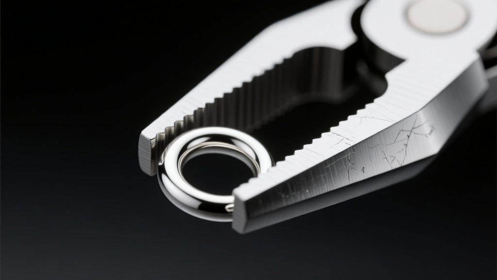 Macro shot of a 2x2mm sterling silver crimp tube folded into a U-shape by micro-crimping pliers under bright studio lighting.