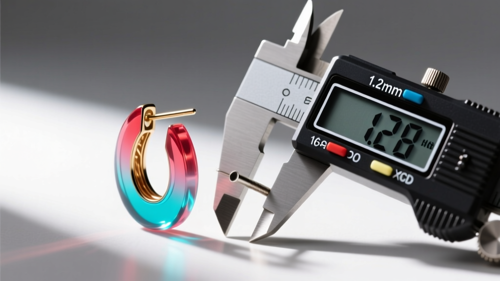 Extreme close-up of a stripped acrylic earring post thread next to a digital caliper measuring a 1.2mm 16-gauge jewelry shaft.