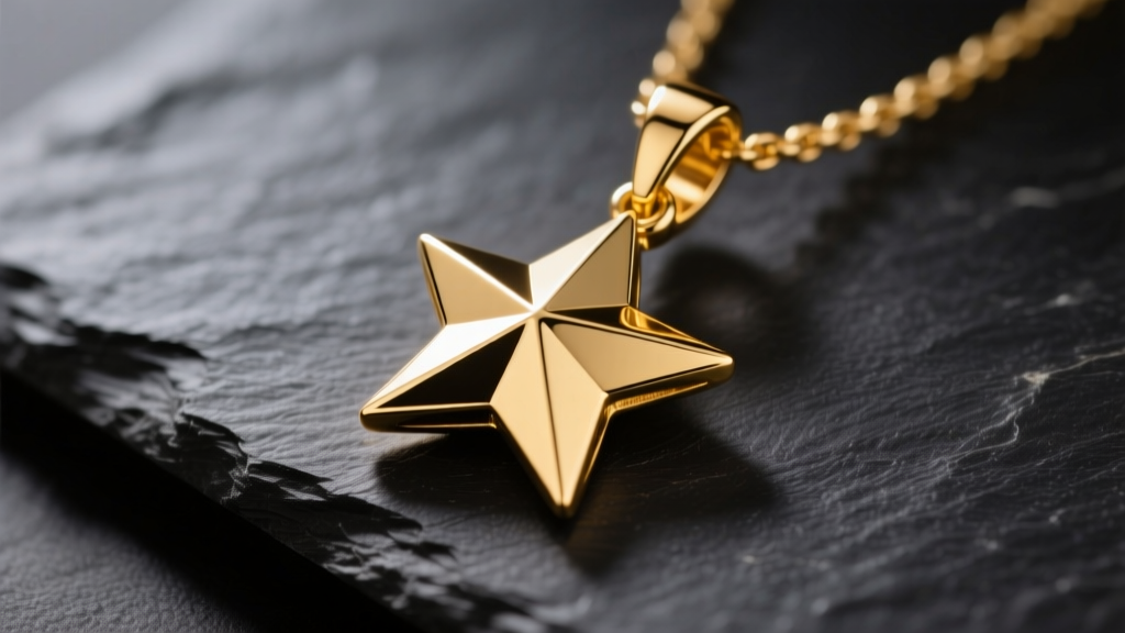 Close-up of a polished 14k yellow gold star pendant on dark slate, highlighting metal luster, crisp edges, and warm lighting.