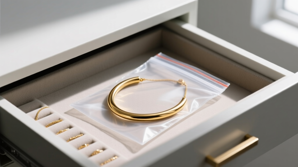 Organized jewelry drawer showing a gold curved bar necklace stored flat inside an individual anti-tarnish polyethylene zip bag