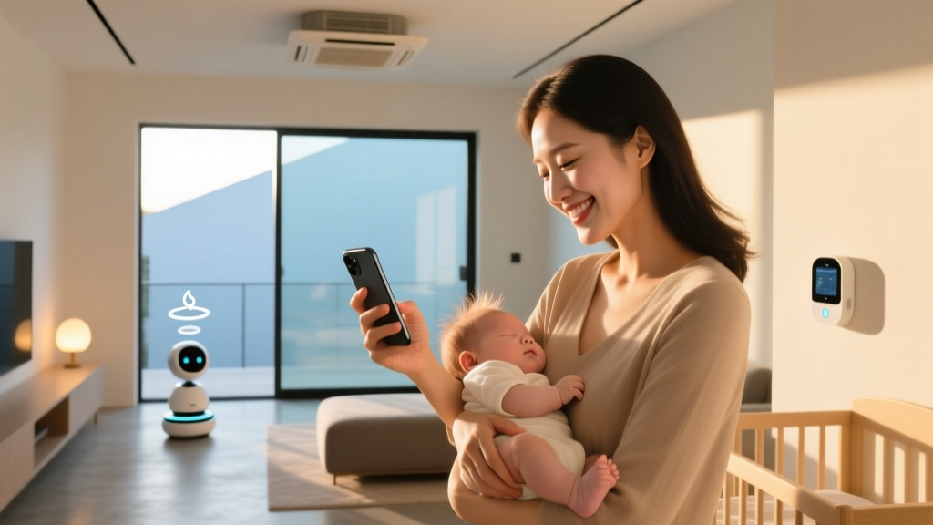 Smiling mother holding a sleeping baby while using a smartphone to control nursery gadgets in a modern, sunlit 2026 home