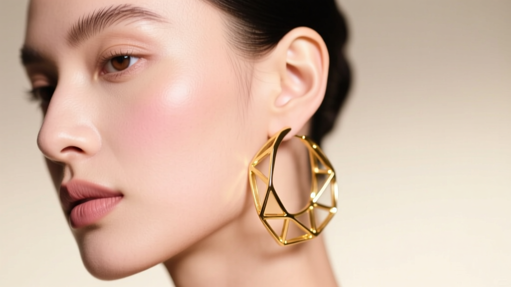 Close-up of a model wearing oversized, lightweight hollow gold hoop earrings, highlighting the earlobe under soft studio lighting.