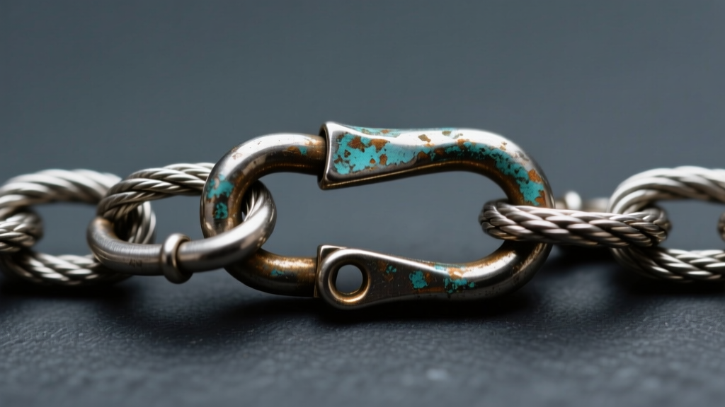Macro view of an oxidized 1.5mm silver cable chain and lobster clasp, showing soldered jump rings against a dark slate background