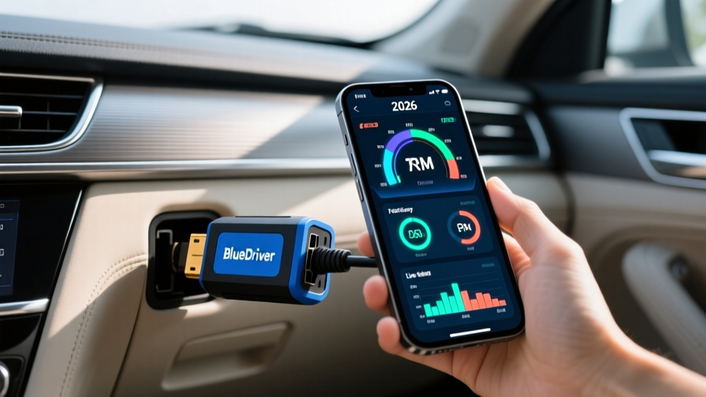 A BlueDriver OBD2 scanner plugged into the diagnostic port under the steering column with a smartphone displaying live 2026 telemetry data.