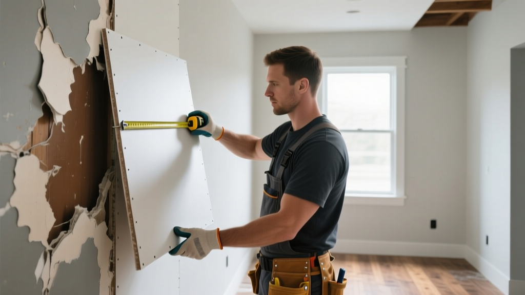 Contractor measuring water-damaged drywall with a tape measure while holding a replacement gypsum board panel in a room