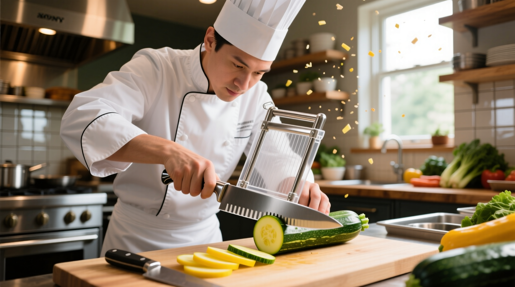 Professional chef using mandolin slicer with safety guard