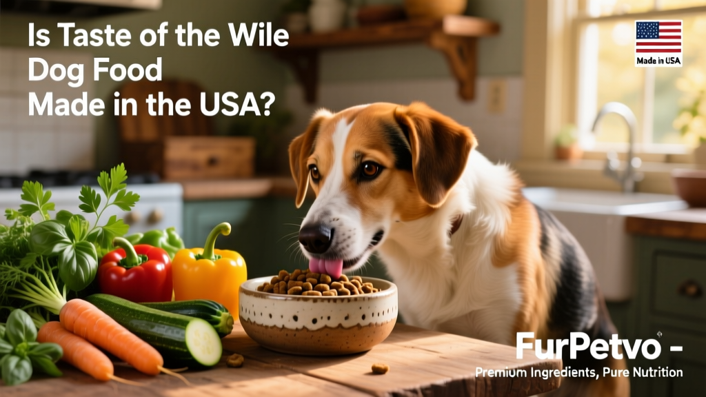 Happy dog enjoying FurPetVo kibble from a ceramic bowl beside fresh vegetables and herbs