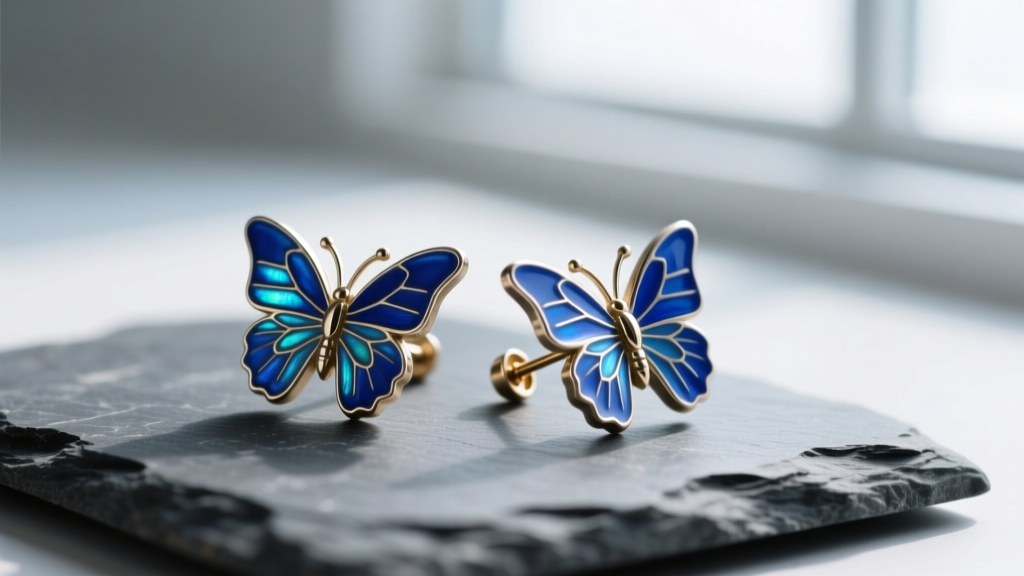 Macro photo of blue enamel butterfly studs on slate, showing chipped edges and a bent 22-gauge post in light.