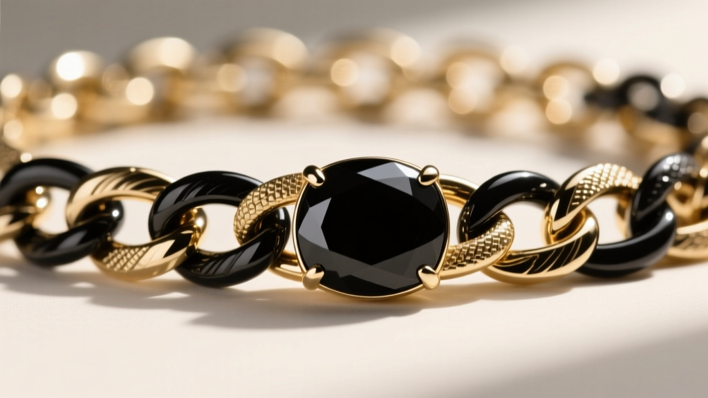 Close-up of black rhodium gold chain links interlocking with a polished black onyx cabochon, showing contrasting metal textures