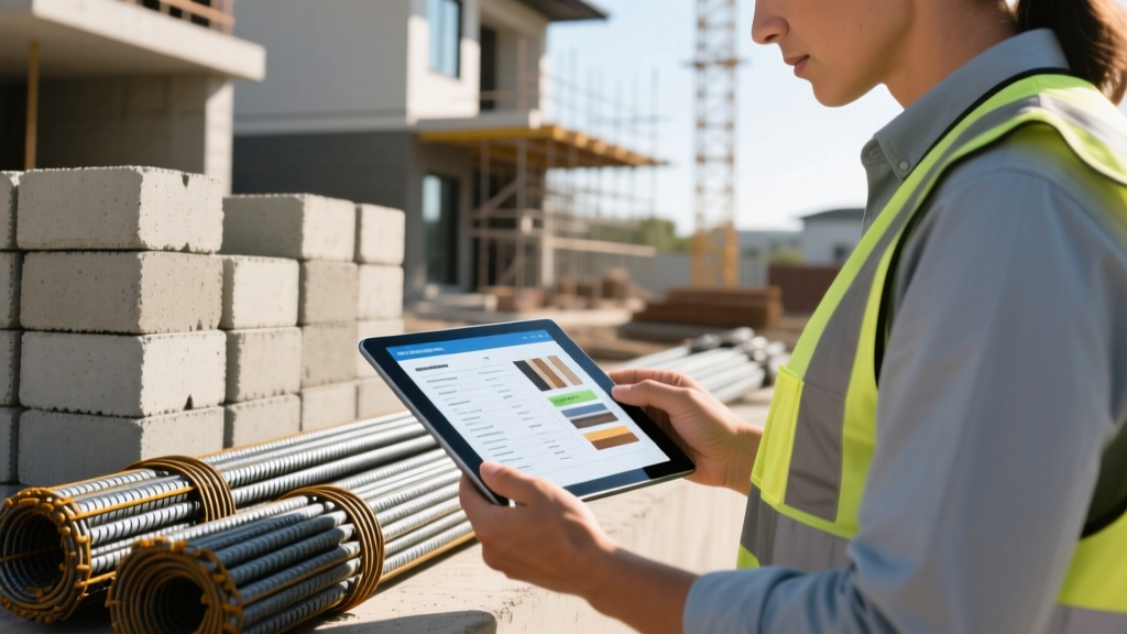 Builder checking a building construction materials list PDF on a tablet next to stacked concrete blocks and rebar at a residential site