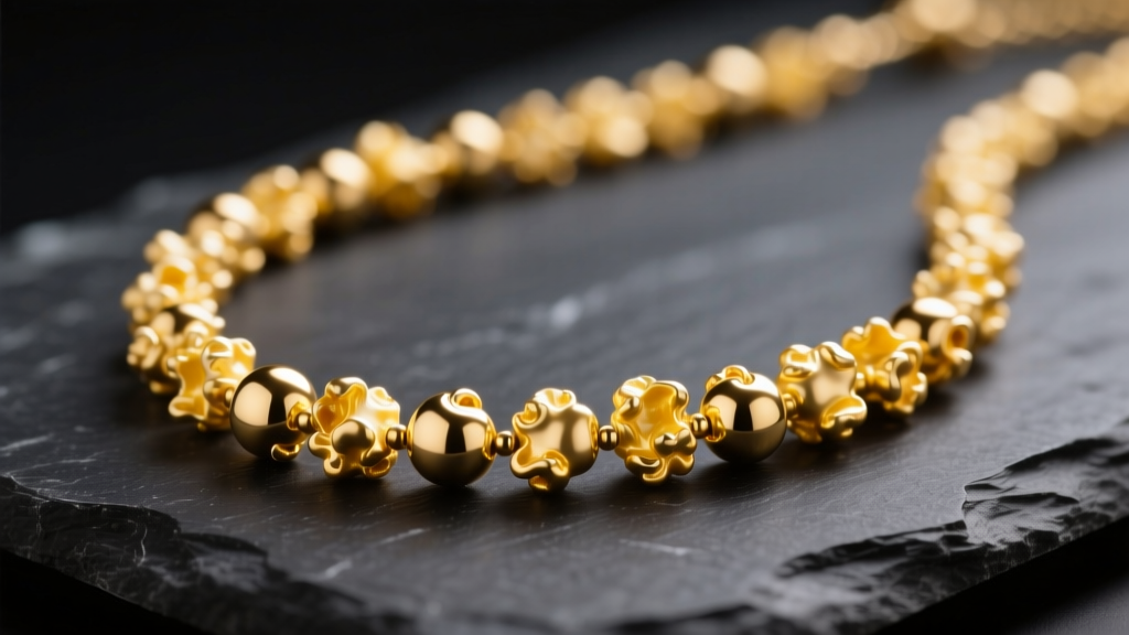 Macro shot of a yellow gold popcorn necklace chain on dark slate, highlighting textured round bead links under soft studio light.