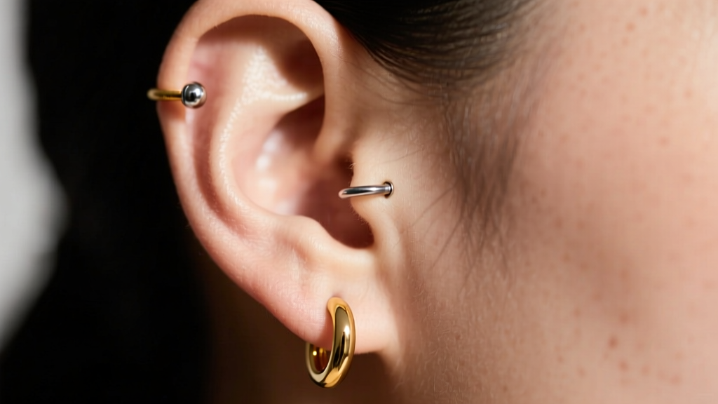 Ear wearing a 10mm gold huggie on the lobe and a 6mm titanium helix stud, studio light, sharp focus on the metal jewelry and skin.
