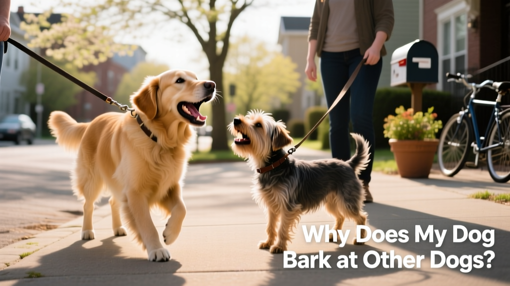 A dog barking at another dog across the street during a walk, both on leashes