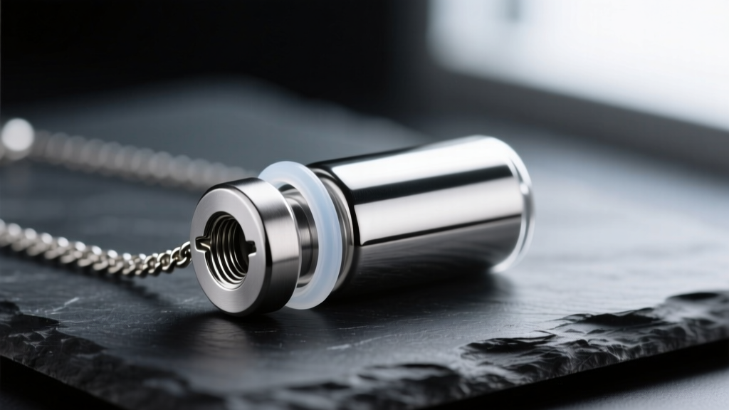 Close-up of a 316L stainless steel screw-top poison necklace vial with a visible silicone O-ring seal resting on dark slate.