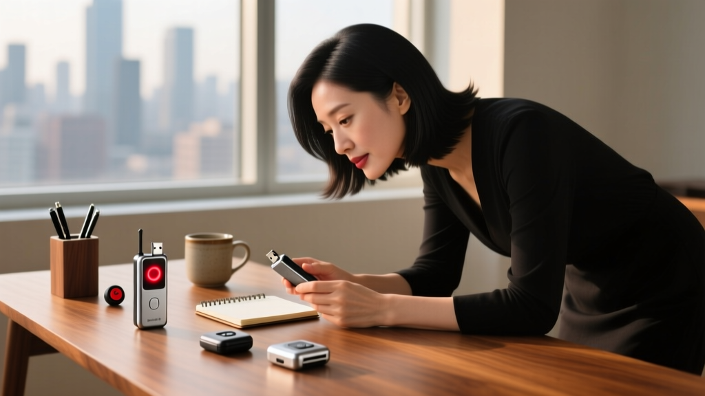 Woman examining a collection of discrete budget safety gadgets including a USB voice recorder and mini GPS tracker on a wooden desk
