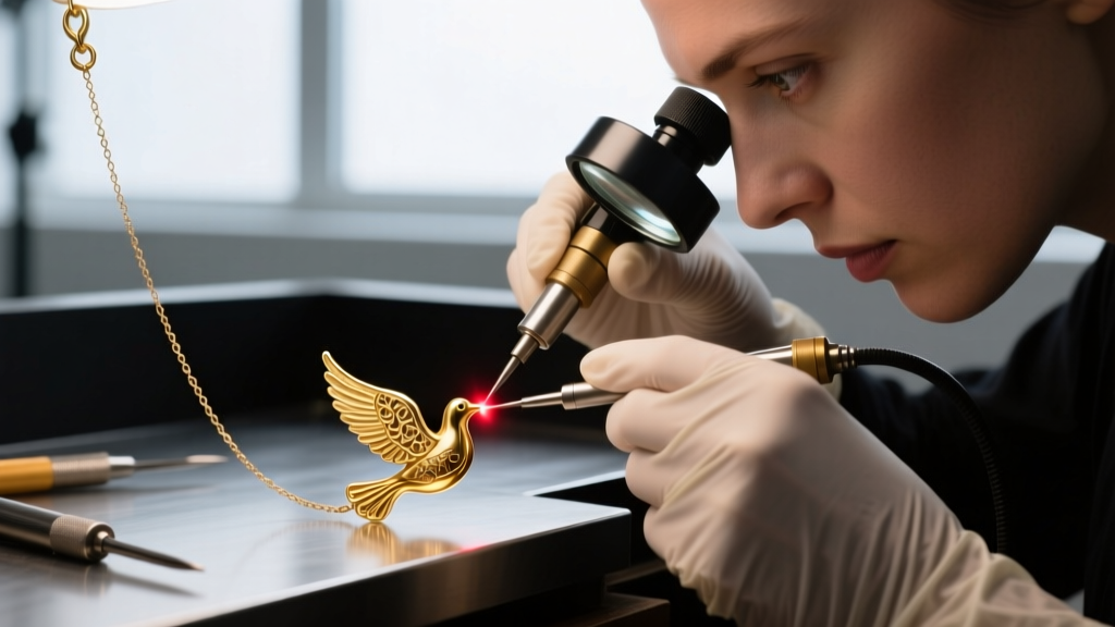 Jeweler using a laser welder to repair a broken jump ring bail on a delicate gold dove necklace pendant under a magnifying loupe.