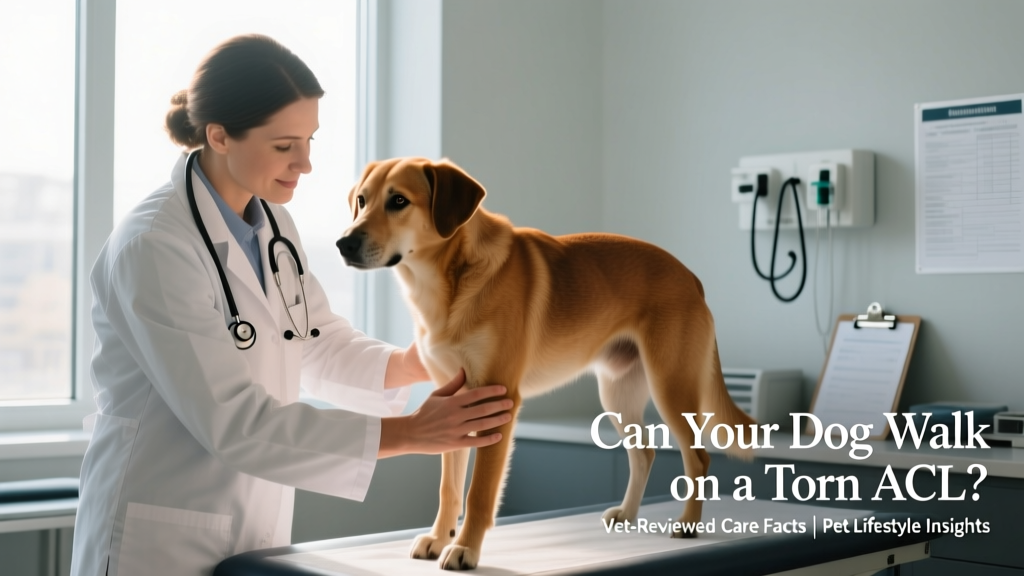 Photograph of a veterinarian gently examining a dog's hind knee during a clinical assessment