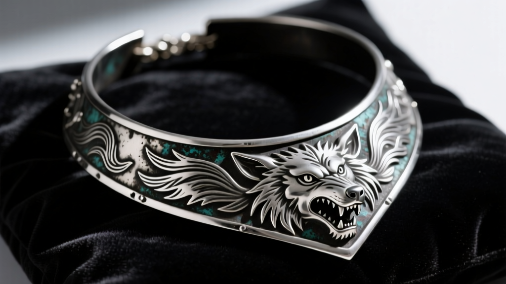 Close-up of an oxidized silver armor collar necklace with direwolf engravings resting on dark velvet, dramatic side lighting