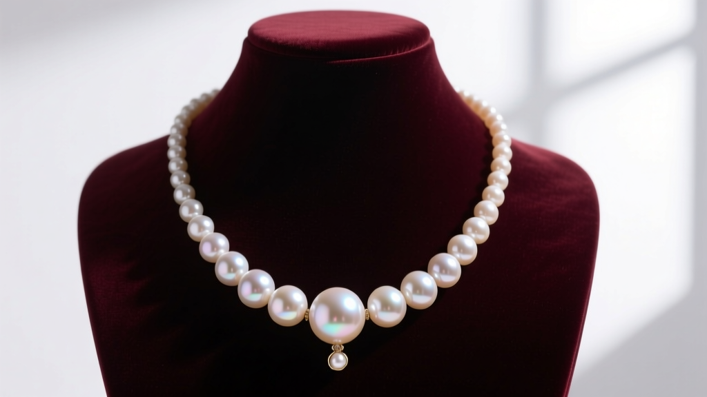 Elegant display of a South Sea graduated pearl necklace on a velvet bust showing a dramatic size drop from center to clasp edges.
