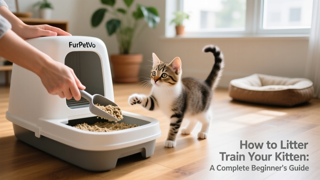 A hand scooping waste from a FurPetVo litter box while a kitten watches curiously from nearby