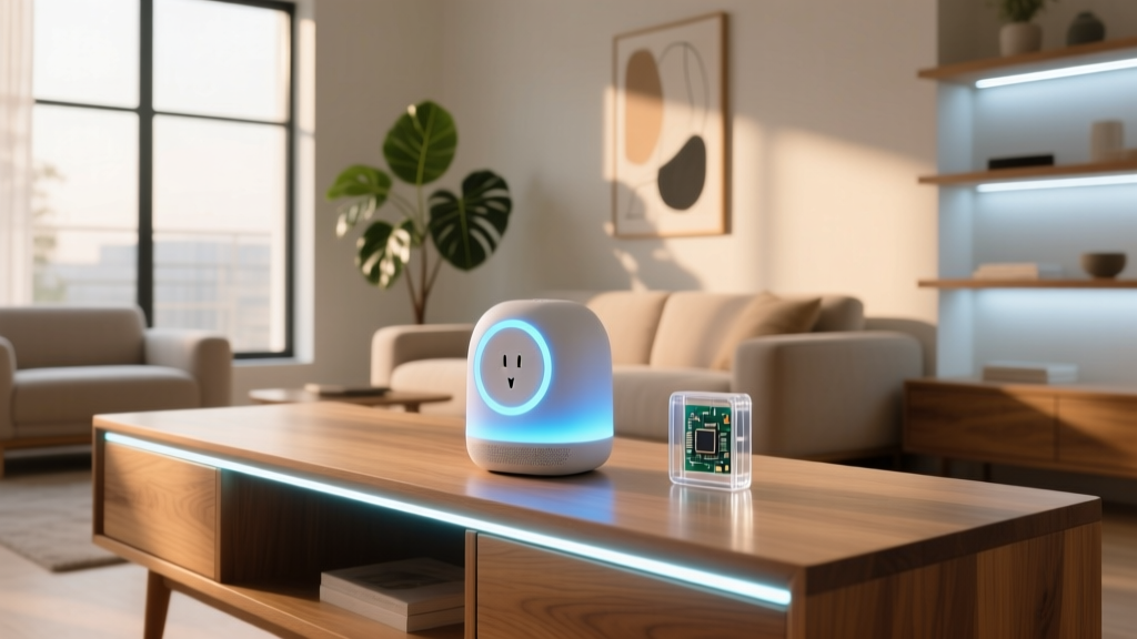 Glowing smart home hub on a wooden console table in a modern living room, surrounded by subtle LED accents and a sleek smart plug.