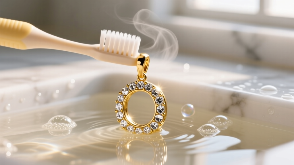 A soft-bristled baby toothbrush gently scrubbing the pavé stones on a gold-plated rap pendant submerged in soapy warm water.
