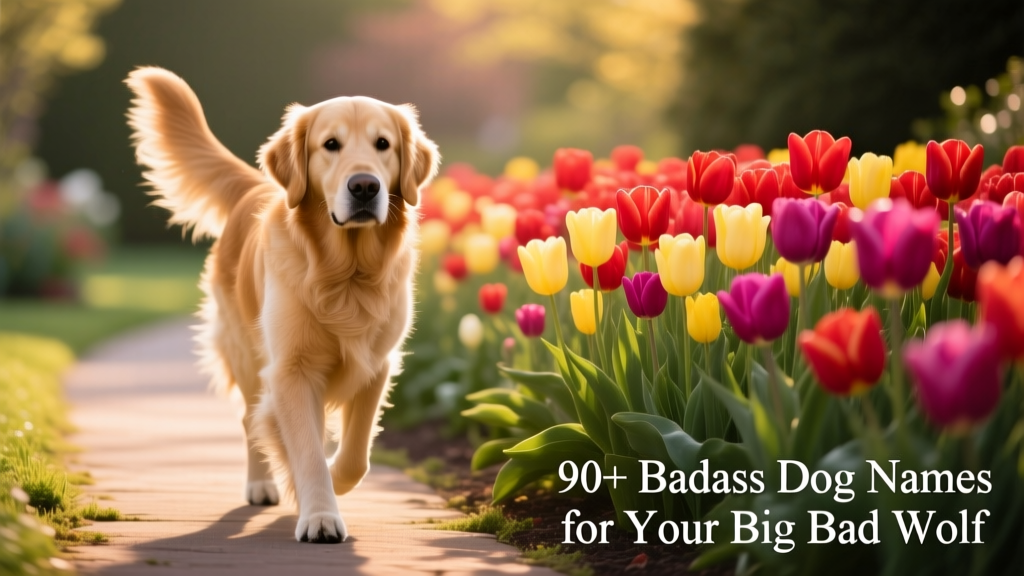A confident dog out for a walk beside blooming tulips.