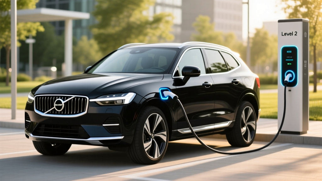 2026 Volvo XC60 Recharge Plug-in Hybrid parked at a Level 2 public charging station with charging cable connected to driver side port