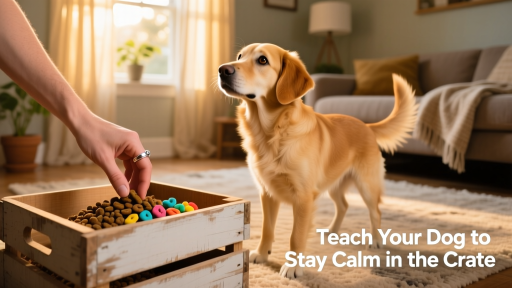 Hand placing kibble and treats inside an open crate while dog watches curiously from nearby