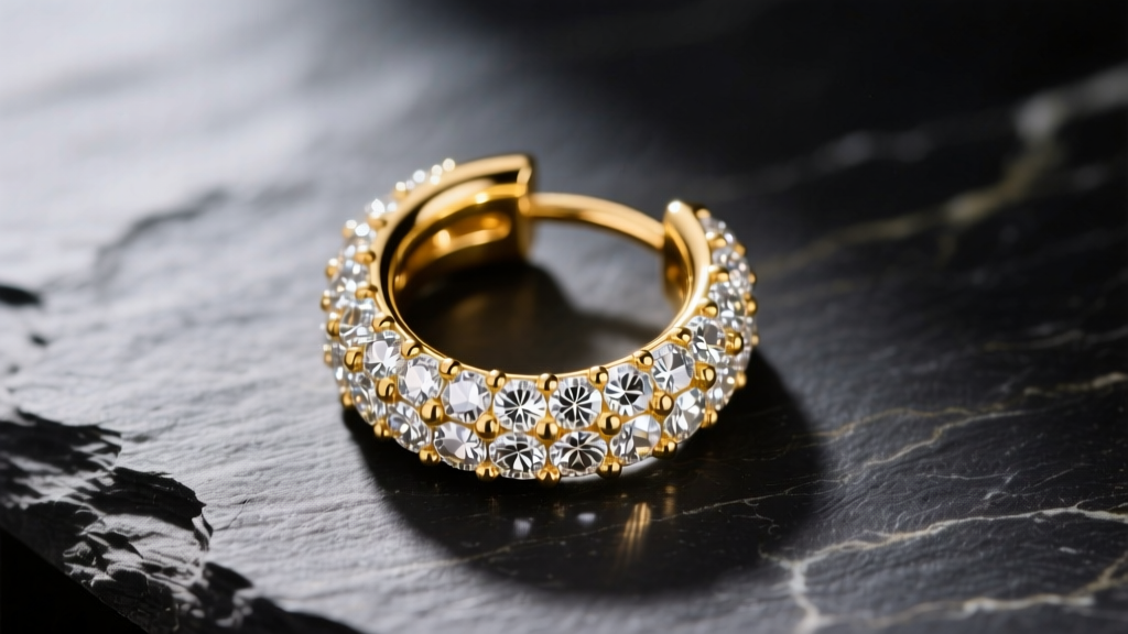 Macro shot of a 14k gold vermeil huggie earring with pavé cubic zirconia, resting on dark slate under soft directional lighting.