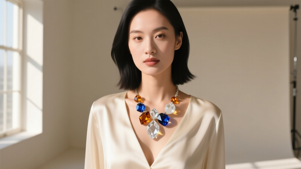 Woman wearing a clustered glass pendant necklace over a cream silk blouse, drop resting precisely at the hollow of the collarbone