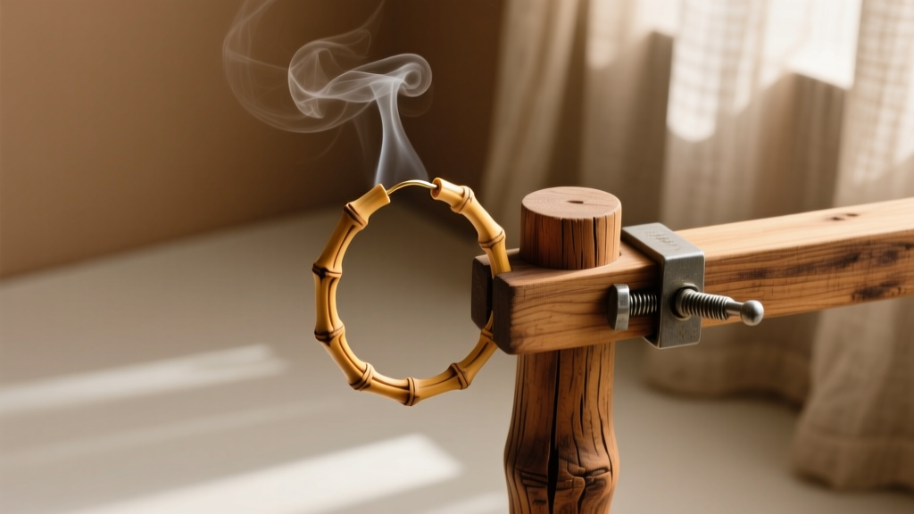 Top-down shot of a warped bamboo hoop earring clamped to a wooden jig, with gentle steam rising in a warm, softly lit room.