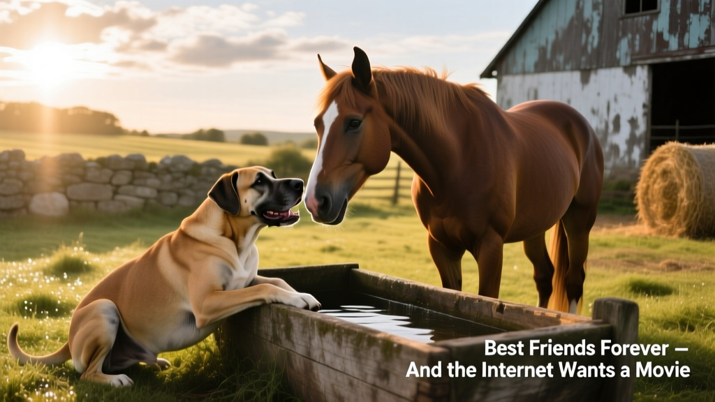 A Great Dane and a horse playing together near a water trough on a sunny farm
