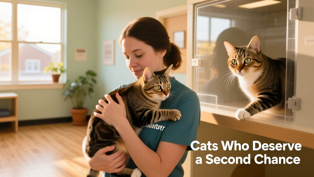 A shelter volunteer gently holding a tabby cat while another cat peers curiously from a nearby enclosure, both relaxed and engaged