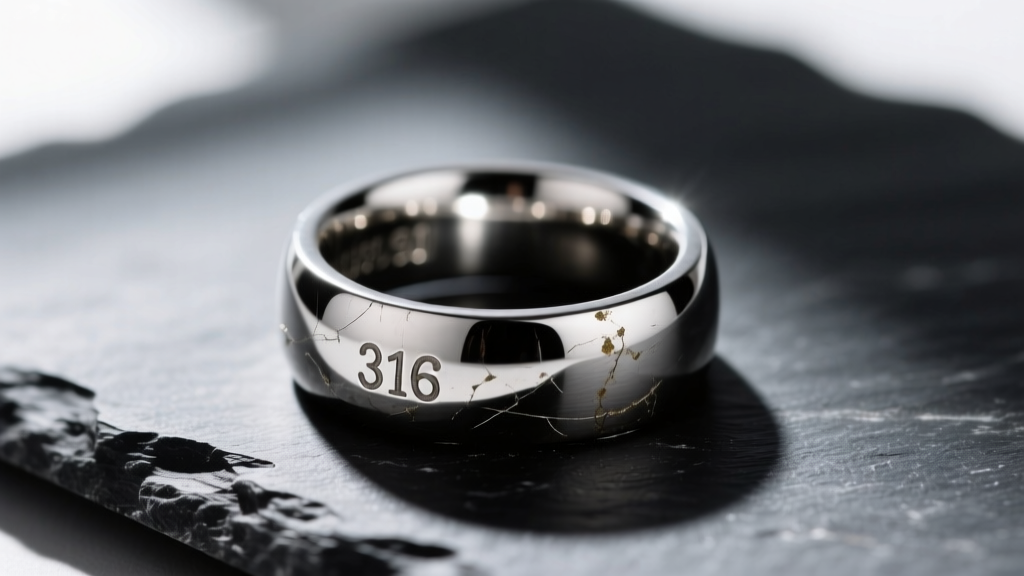 Macro shot of a scratched 316L stainless steel signet ring on dark slate, highlighting surface wear and raw metallic luster.