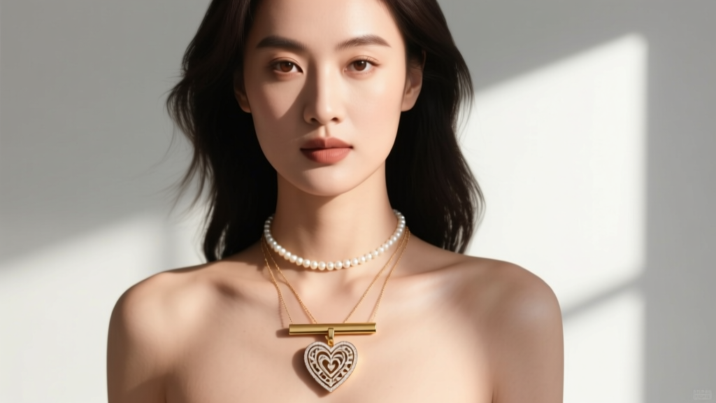 Woman wearing a layered stack with a 16-inch heart and key necklace, a simple gold bar pendant, and a small pearl choker.