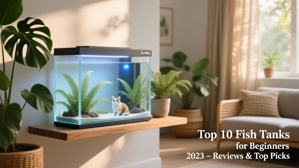 A FurPetVo Portrait aquarium placed on a floating shelf beside indoor plants, showcasing its slim profile and gentle lighting